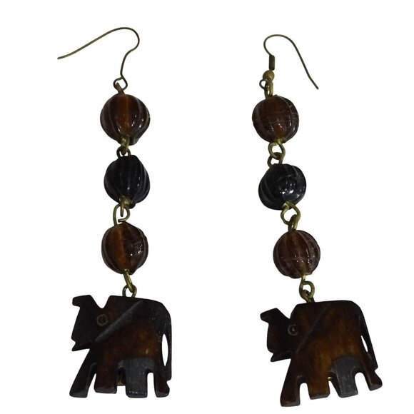Wooden Elephant Dangle Hanging Earrings Brown Beads Gold Tone 3.5 inch - Picture 1 of 5